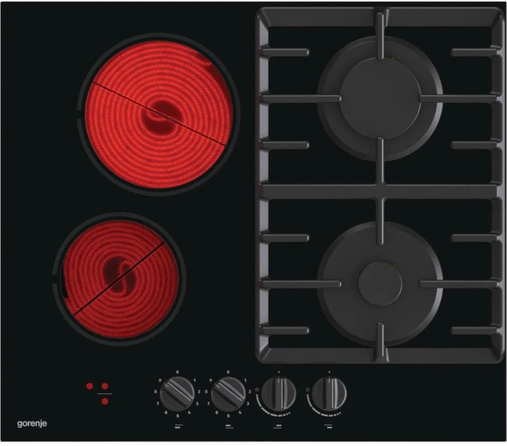Gorenje | Kaitlentė | GCE691BSC | Dujos ant stiklo + vitrokeramika | Degiklių / virimo zonų skaičius 4 | Sukamosios rankenėlės | Juodas