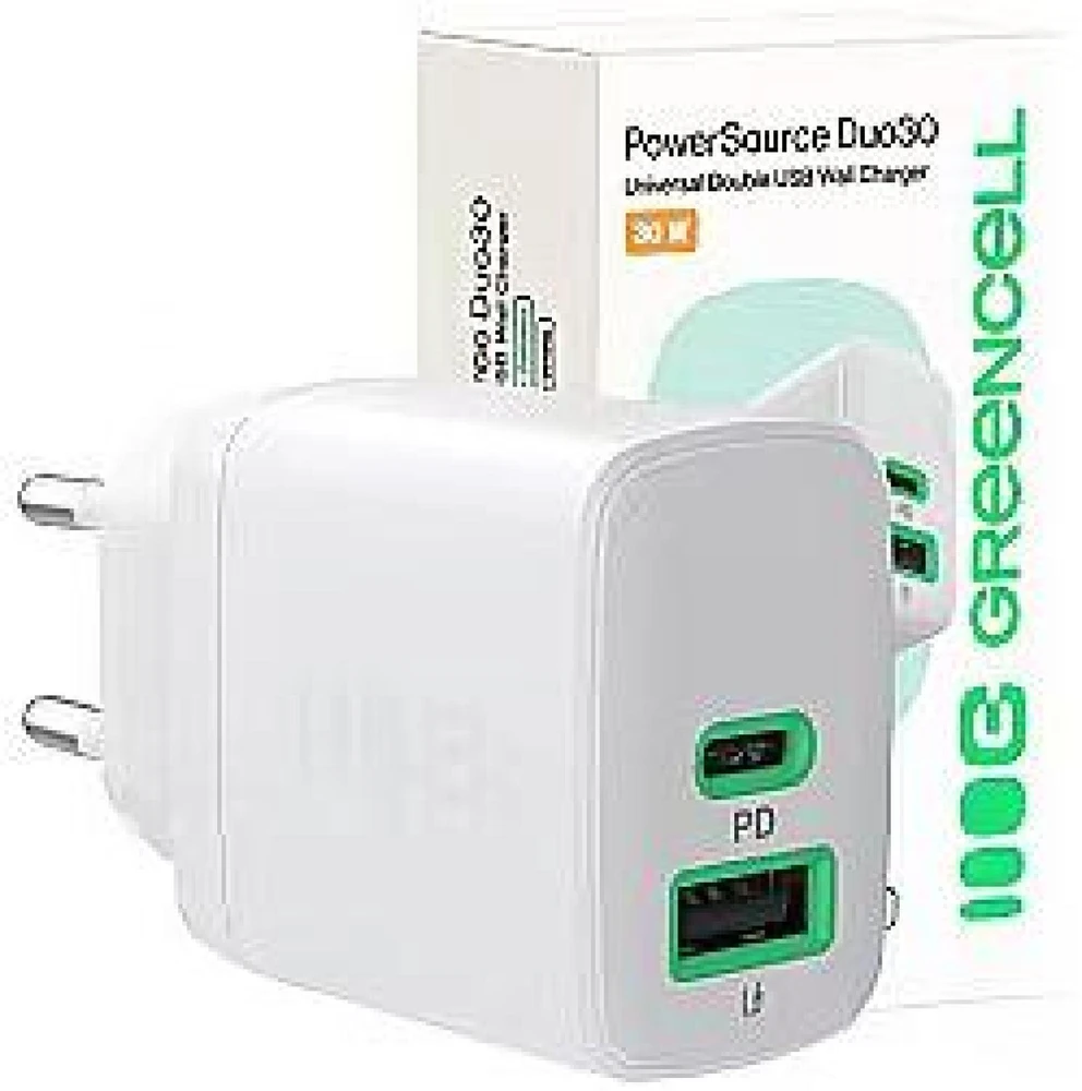 Žalias Cell Greencell PowerSource Duo30 įkroviklis USB/USB-C baltas maitinimo adapteris 30W maitinimo tiekimas