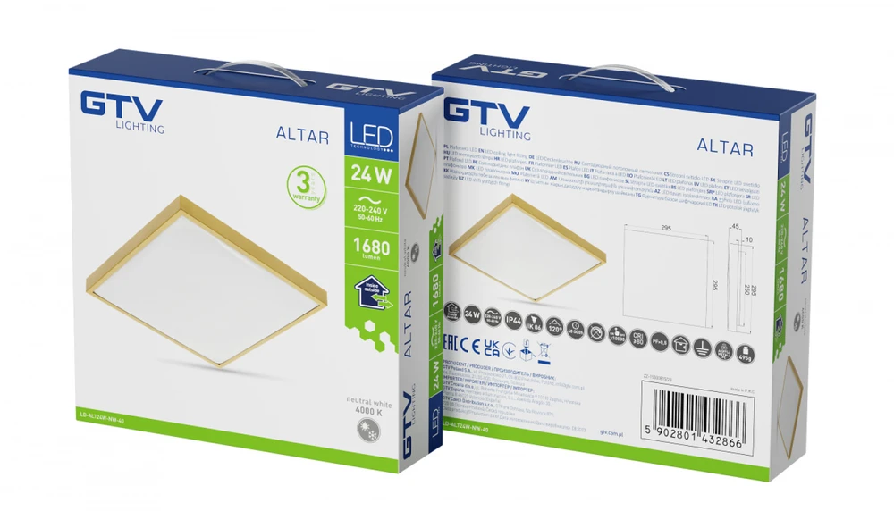 GTV ALTAR LED Ceiling Lamp, 295x295mm, 4000K, 24W, 1680lm, AC180-250V, 50/60 Hz, PF>0.5, IP44,