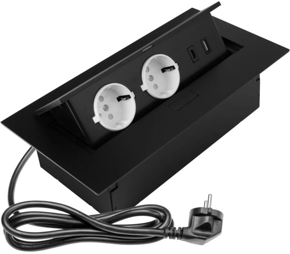 GTV Furniture socket 2x schuko socket, USB A+C, without cable, juodas