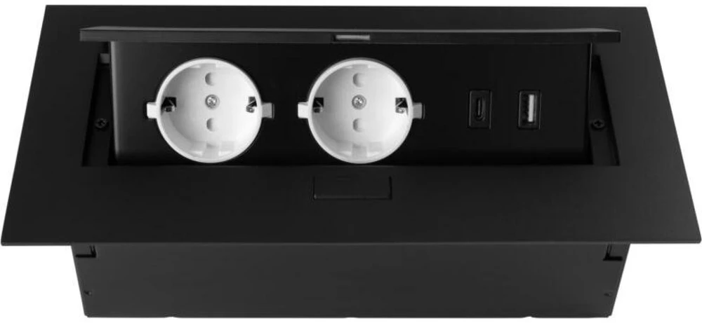 GTV Furniture socket 2x schuko socket, USB A+C, without cable, juodas