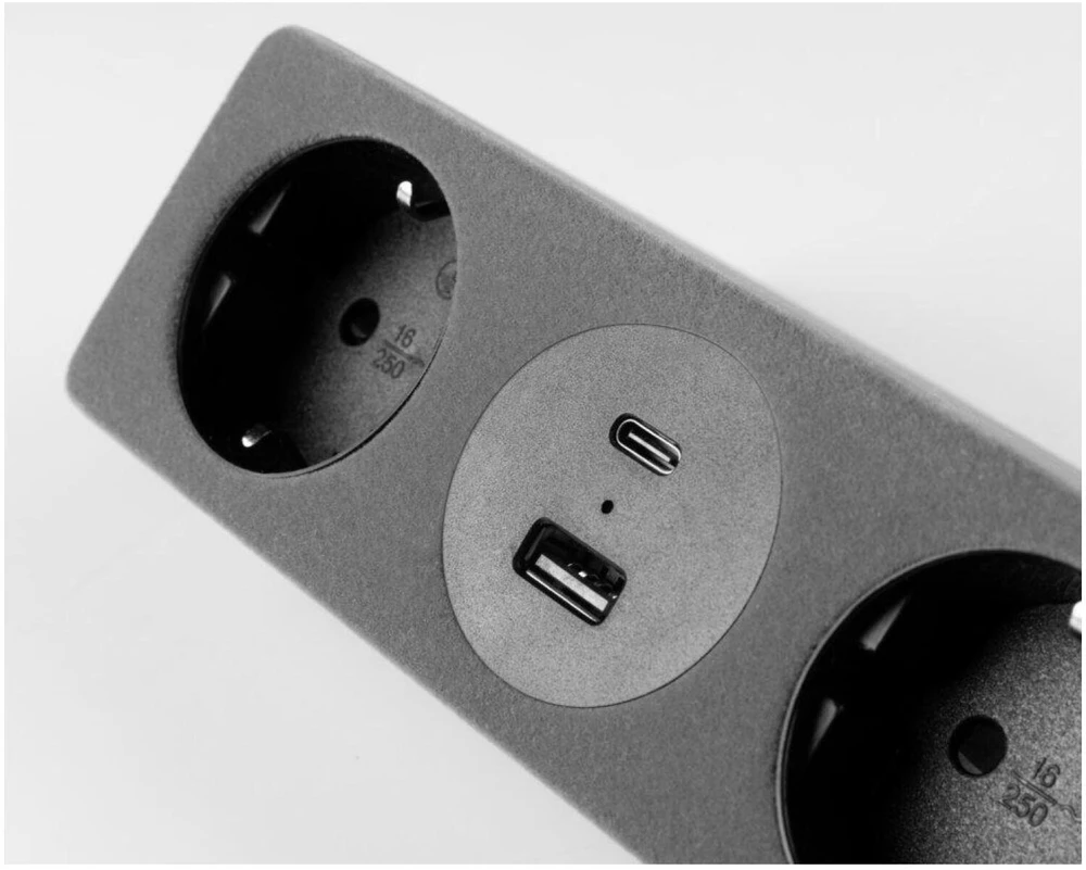 GTV Furniture socket SOFITO, 2xSHUKO, USB A+C, cable 1.5 m, pilka flock