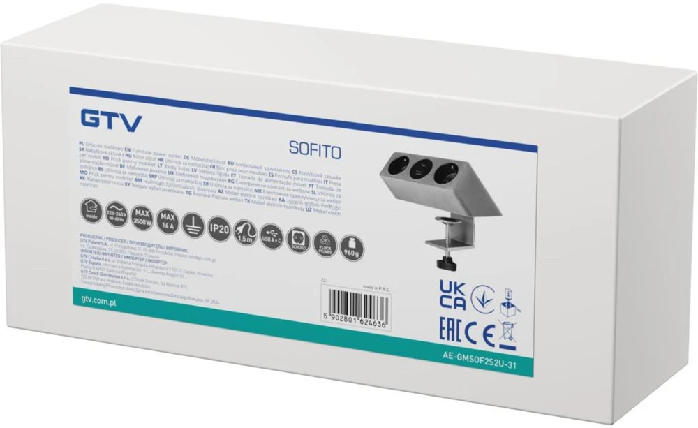 GTV Furniture socket SOFITO, 2xSHUKO, USB A+C, cable 1.5 m, pilka flock