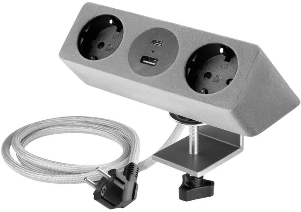 GTV Furniture socket SOFITO, 2xSHUKO, USB A+C, cable 1.5 m, pilka flock