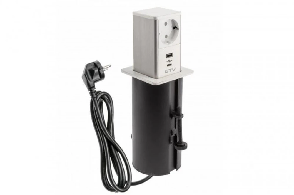 GTV Bokštinis ištraukiamas baldų lizdas, 1x schuko lizdas, 1xUSB A, 1xUSB C, laidas 1,5 m, bal