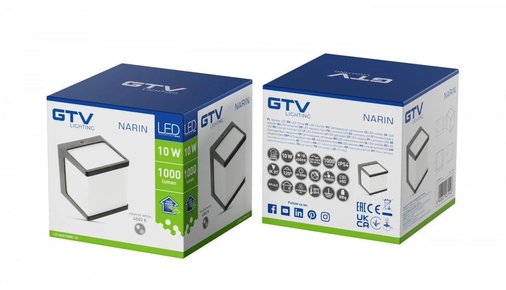 GTV NARIN LED šviestuvas 10W, 1000lm, IP54, AC220-240V, 50/60Hz, 4000K, juodas