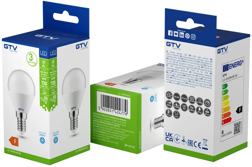 GTV LED ŠVIESOS šaltinis, A-G, B45, SMD 2835, 6400K, E14, 8,0W, AC180-250V, 160°, 720lm, 70mA