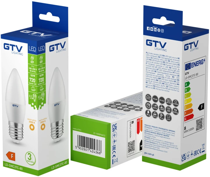 GTV LED ŠVIESOS šaltinis, A-G, C37, SMD 2835, 3000K, E27, 8,0W, AC180-250V, 160°, 720lm, 70mA