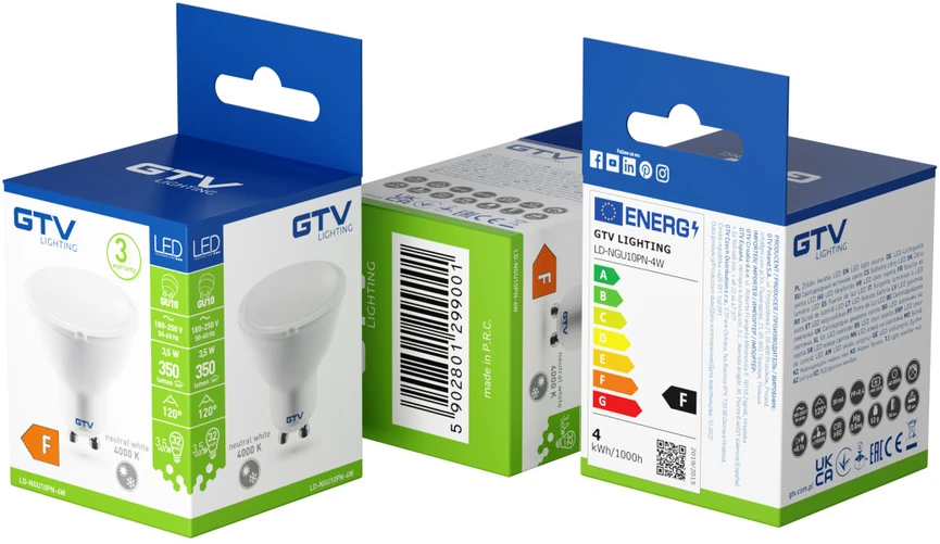 GTV LED lemputė, SMD 2835, 4000K, GU10, 4W, AC220-240V, šviesos kampas 120°, 300 lm, 43 mA