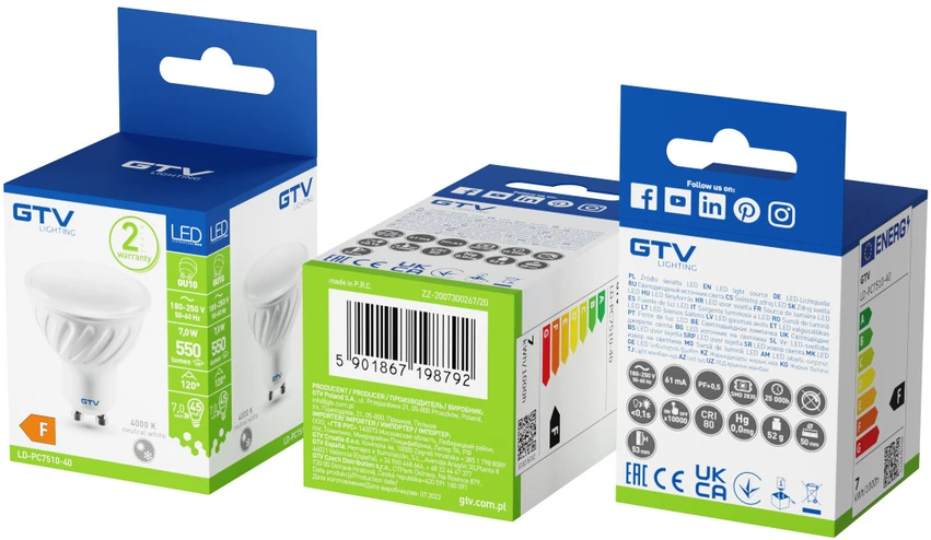 GTV LED lemputė, A-G, SMD 2835, 4000K, GU10, 7,0W, AC180-250V, 50-60Hz, 120°, 550lm, 61mA