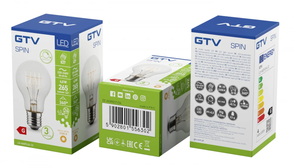 GTV LED LIGHT SOURCE, FILAMENT, SPIN, A60, E27, 4.0W, 265lm, 2200K, AC220-240V, 360°