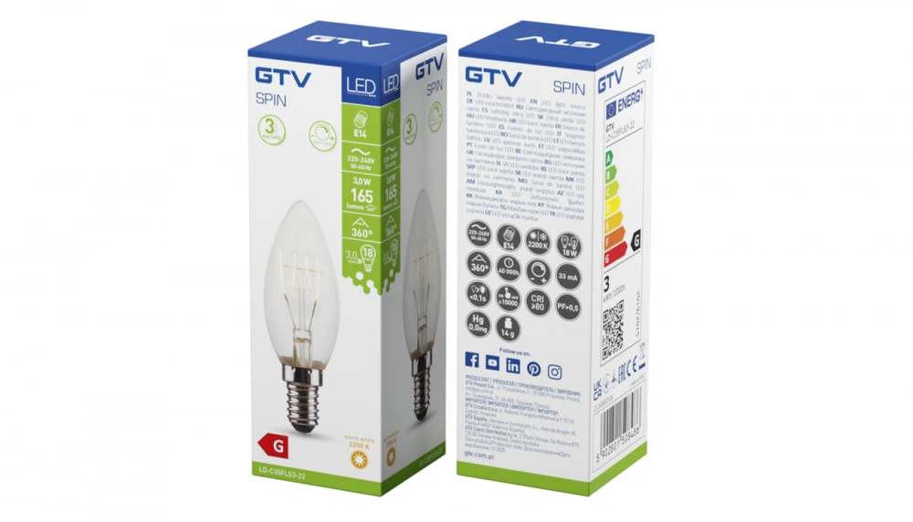 GTV LED LIGHT SOURCE, FILAMENT, SPIN, C35, E14, 3.0W, 165lm, 2200K, AC220-240V, 360°