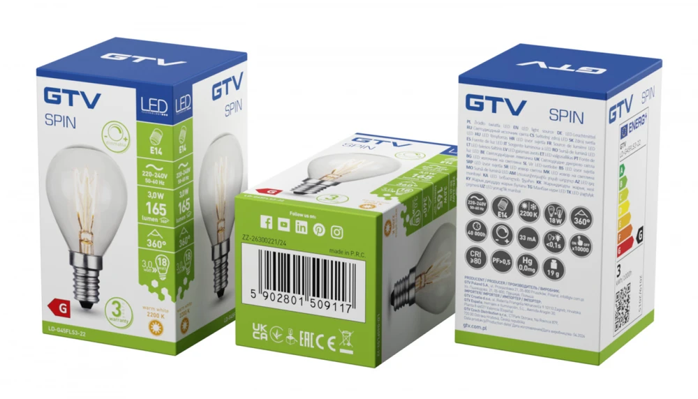 GTV LED LIGHT SOURCE, FILAMENT, SPIN, G45, E14, 3.0W, 165lm, 2200K, AC220-240V, 360°