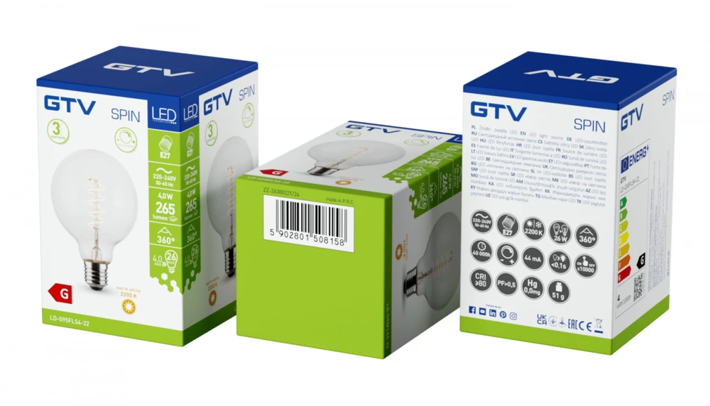 GTV LED LIGHT SOURCE, FILAMENT, SPIN, G95, E27, 4.0W, 265lm, 2200K, AC220-240V, 360°