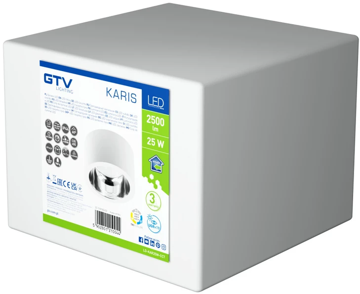 Lubinis šviestuvas GTV 25W LED paviršinis šviestuvas KARIS, CCT, baltas, IP44