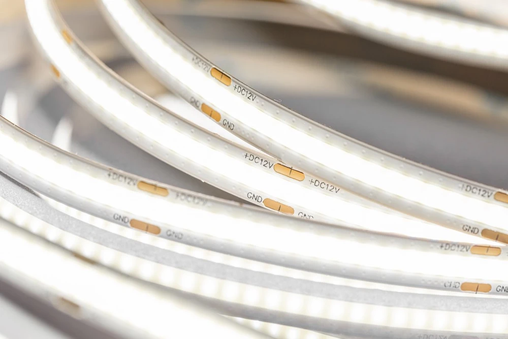 GTV LED juosta COB 24V, 1600LED, 8mm, 8W/m, be gelio, šaltai balta, 2x mini stiprintuvo laidas
