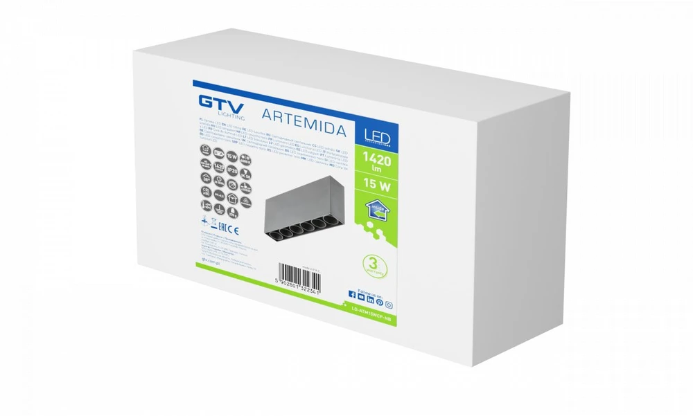 GTV LED šviestuvas ARTEMIDA,15W,1420lm,AC220-240V,50/60 Hz,PF>0,9,Ra≥80,IP20,IK08,4000K,38°,st
