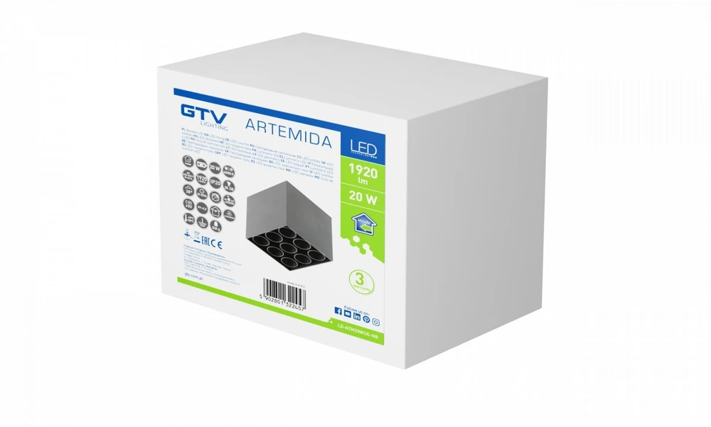 GTV LED šviestuvas ARTEMIDA,20W,1920lm,AC220-240V,50/60 Hz,PF>0,9,Ra≥80,IP20,IK08,4000K,38°,kv