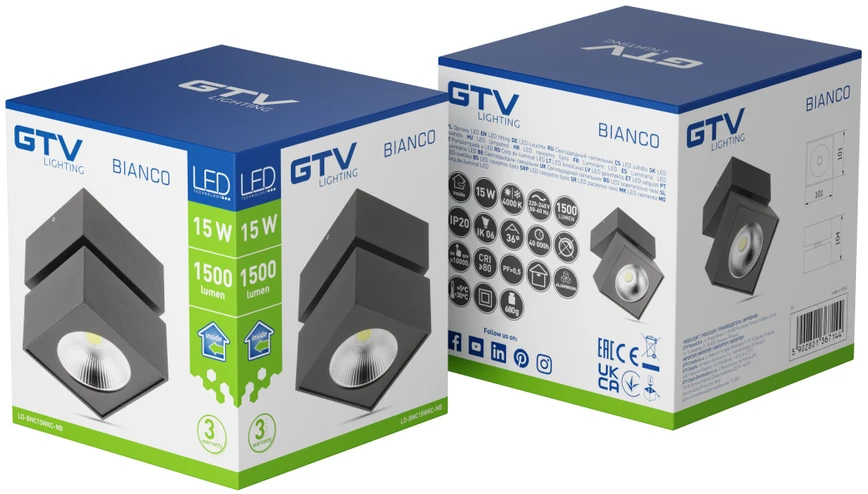 Lubinis šviestuvas GTV LED šviestuvas BIANCO, 8W,680lm,AC220-240V,50/60 Hz,PF>0,9,Ra≥80,IP20,IK06,36°,4000K,kvadr
