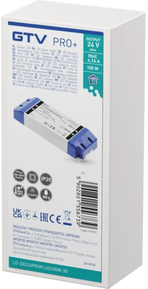 GTV LED Power Supply PRO+ 24V, 100W, input 220-240VAC, IP20, dim.180x66x32 mm