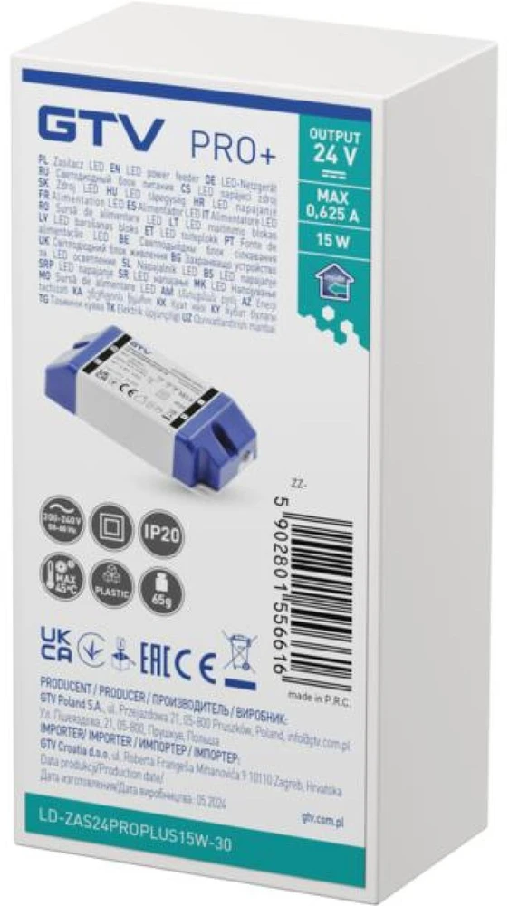 GTV LED Power Supply PRO+ 24V, 15W, input 220-240VAC, IP20, dim.90x40x24 mm