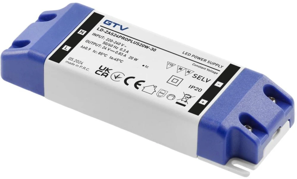 GTV LED Power Supply PRO+ 24V, 20W, input 220-240VAC, IP20, dim.120x42x20 mm