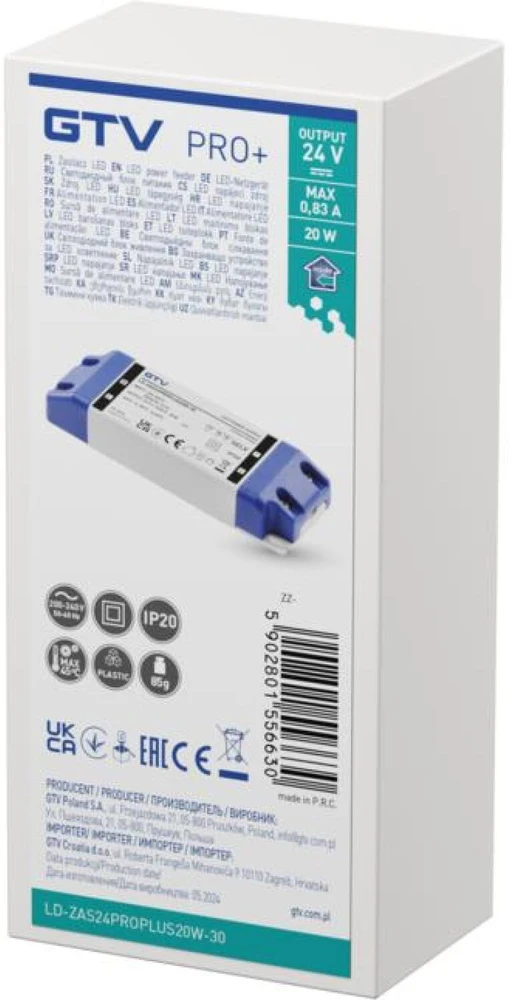 GTV LED Power Supply PRO+ 24V, 20W, input 220-240VAC, IP20, dim.120x42x20 mm