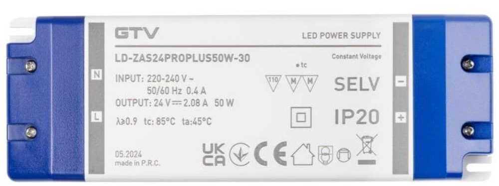 GTV LED Power Supply PRO+ 24V, 50W, input 220-240VAC, IP20, dim.185x65x22 mm