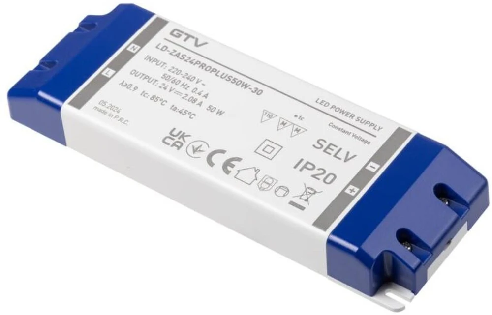 GTV LED Power Supply PRO+ 24V, 50W, input 220-240VAC, IP20, dim.185x65x22 mm