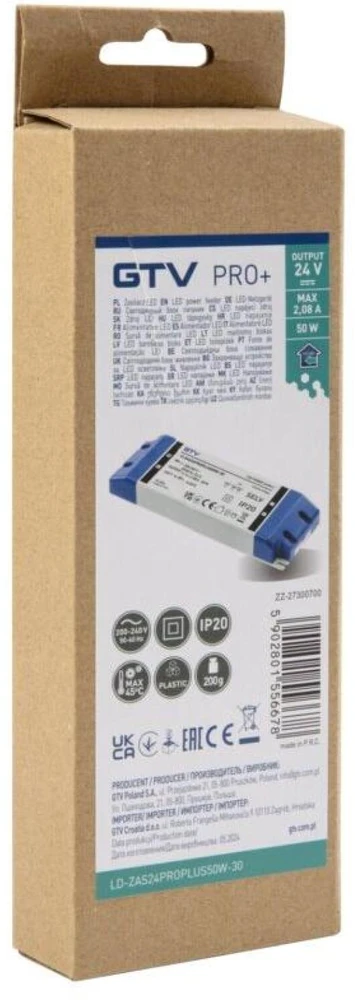 GTV LED Power Supply PRO+ 24V, 50W, input 220-240VAC, IP20, dim.185x65x22 mm