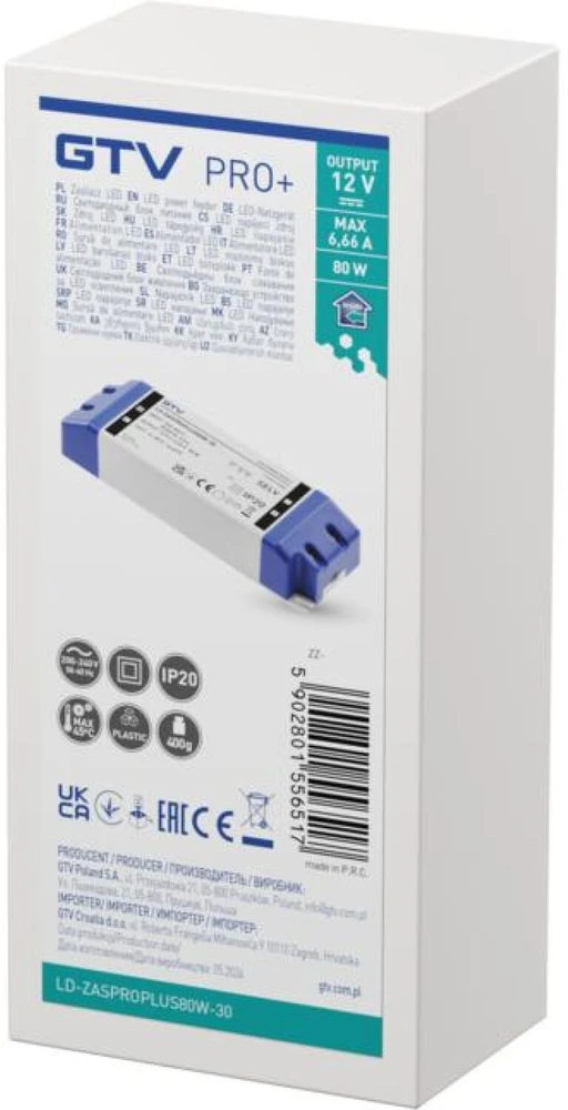 GTV LED Power Supply PRO+ 12V, 80W, input 220-240VAC, IP20, dim.170x57x32 mm