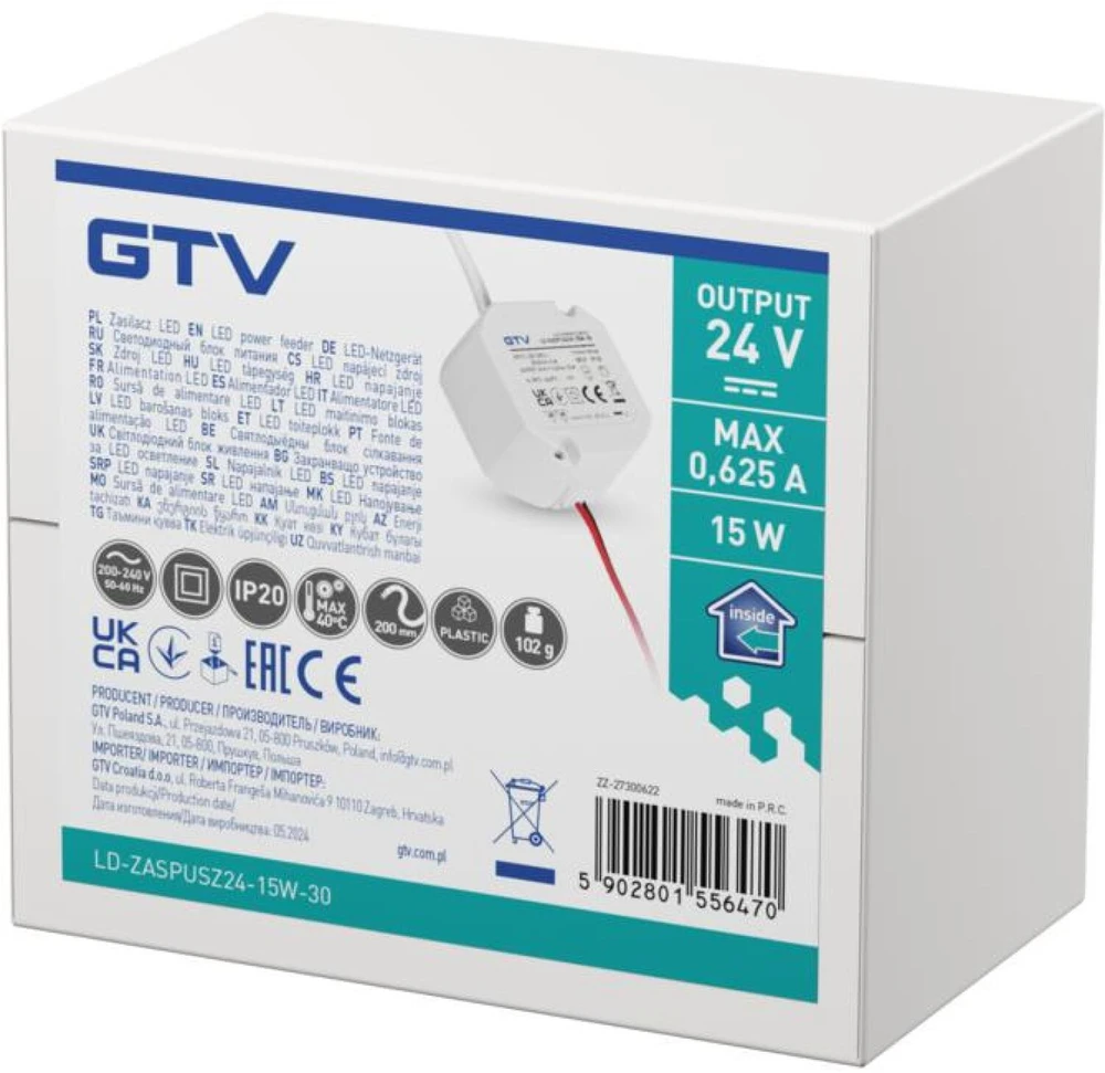 GTV LED power supply box 24V,15W, input 220-240VAC, IP20, dim. 50x50x25mm with 200mm wires