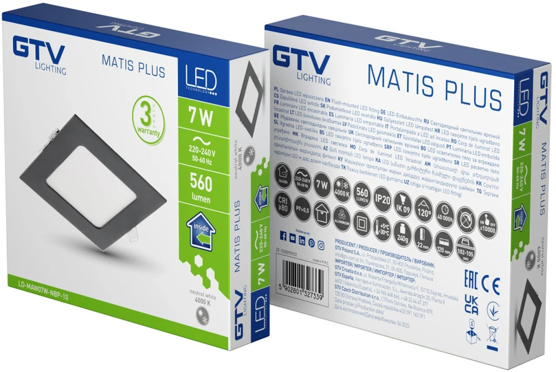 GTV LED MATIS PLUS, žemyn šviestuvas, 7W, juodas, 4000K, 560lm, AC220-240V, įleidžiama, IP20,