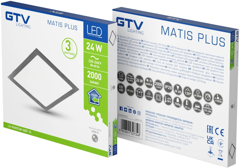 GTV MATIS PLUS LED šviestuvas, 24W, juodas, 3000K, 2000lm, AC220-240V, įleidžiama, IP20,