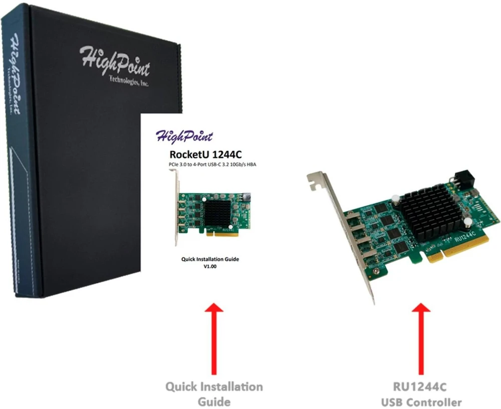 Highpoint RocketU 1244C RU1244C, USB valdiklis, PCIe 3.0 x8, 4x USB 3.2 Gen 2 10Gbit/s, ASM3142, 7.5W