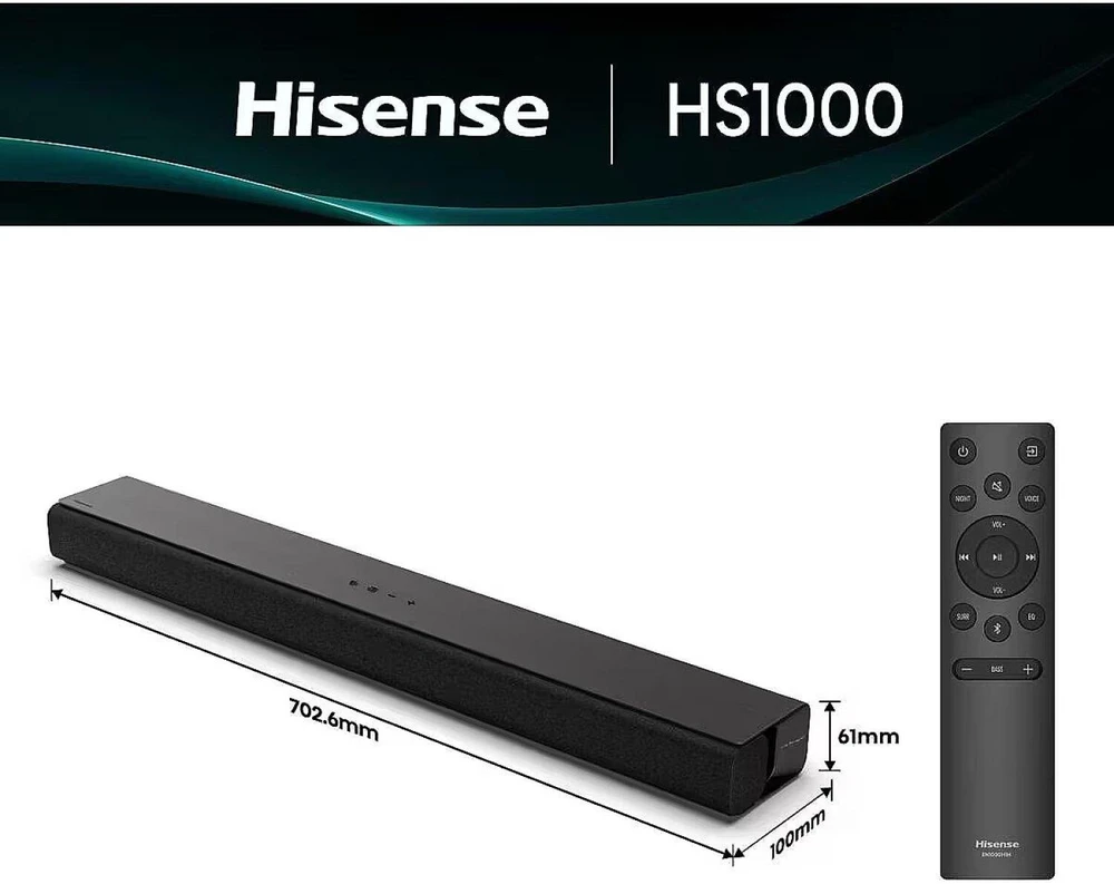 Garso juosta Hisense HS1000 garso juosta (juoda, su „Bluetooth“, HDMI, USB, AUX, optiniu)