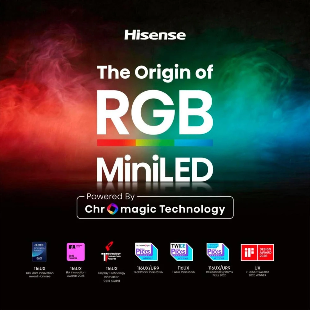 Hisense televizorius 55UR8DS, 139 cm, 3840x2160, 180 Hz, RGB MiniLED, 4K, HDR10+, Dolby Vision, HDMI 2.1, VIDAA Smart OS