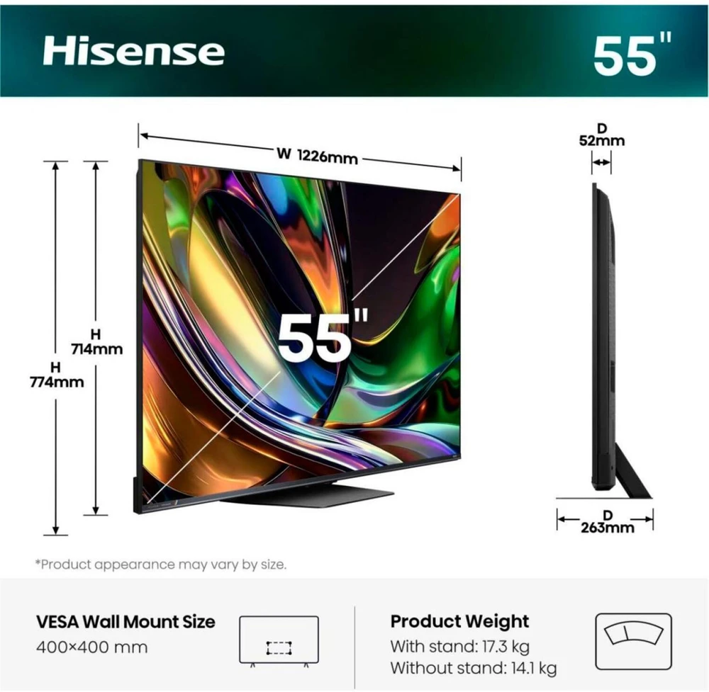 Hisense televizorius 55UR8DS, 139 cm, 3840x2160, 180 Hz, RGB MiniLED, 4K, HDR10+, Dolby Vision, HDMI 2.1, VIDAA Smart OS