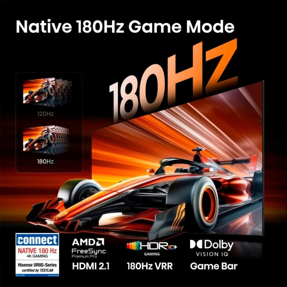 Hisense televizorius 55UR8DS, 139 cm, 3840x2160, 180 Hz, RGB MiniLED, 4K, HDR10+, Dolby Vision, HDMI 2.1, VIDAA Smart OS