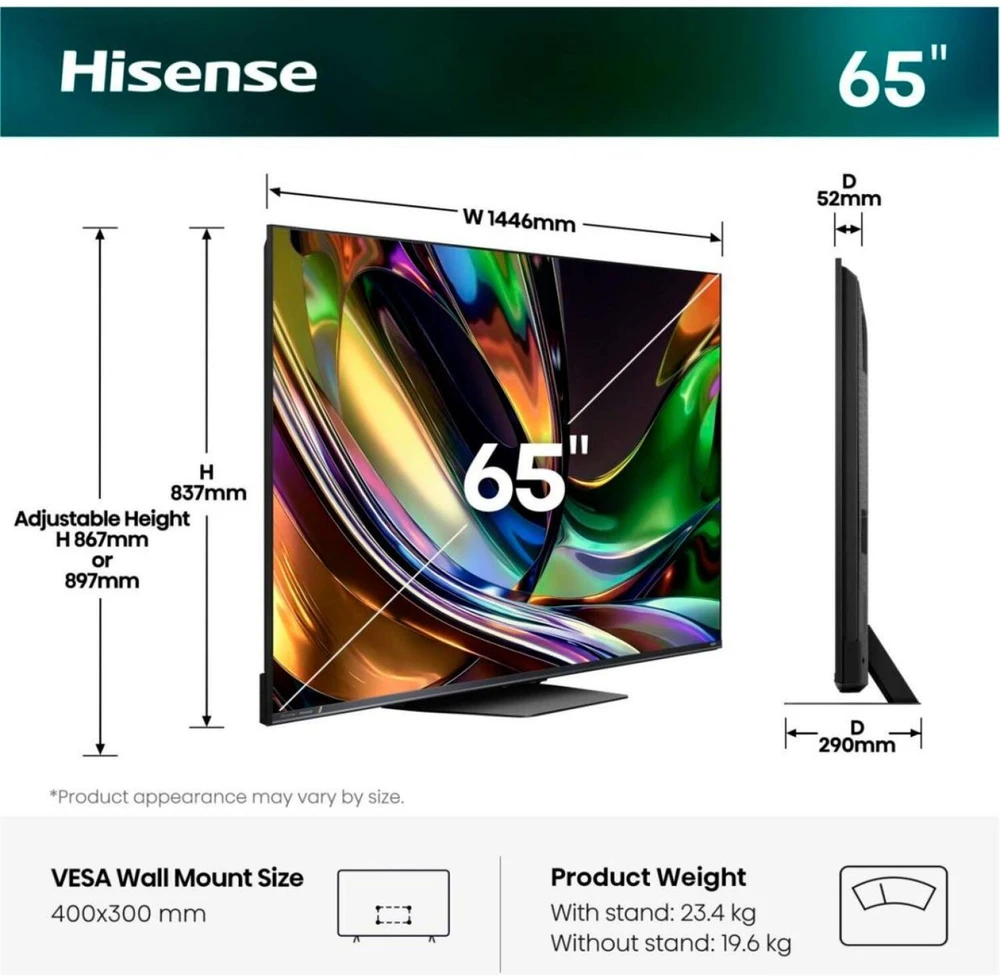 Hisense televizorius 65UR8DS, 164 cm, 4K UHD, 180 Hz, RGB MiniLED, HDR10+, Dolby Vision, HDMI 2.1, VIDAA Smart OS
