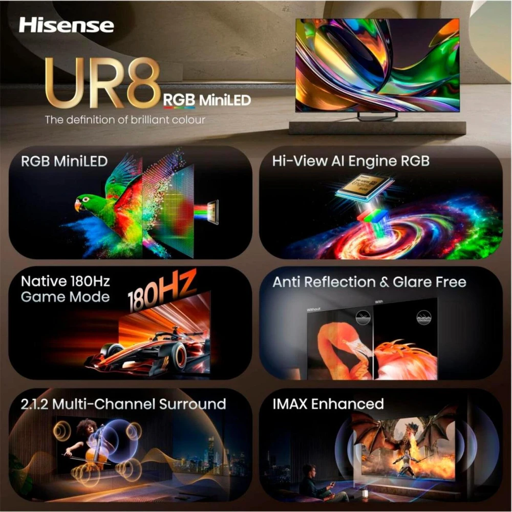 Hisense televizorius 65UR8DS, 164 cm, 4K UHD, 180 Hz, RGB MiniLED, HDR10+, Dolby Vision, HDMI 2.1, VIDAA Smart OS