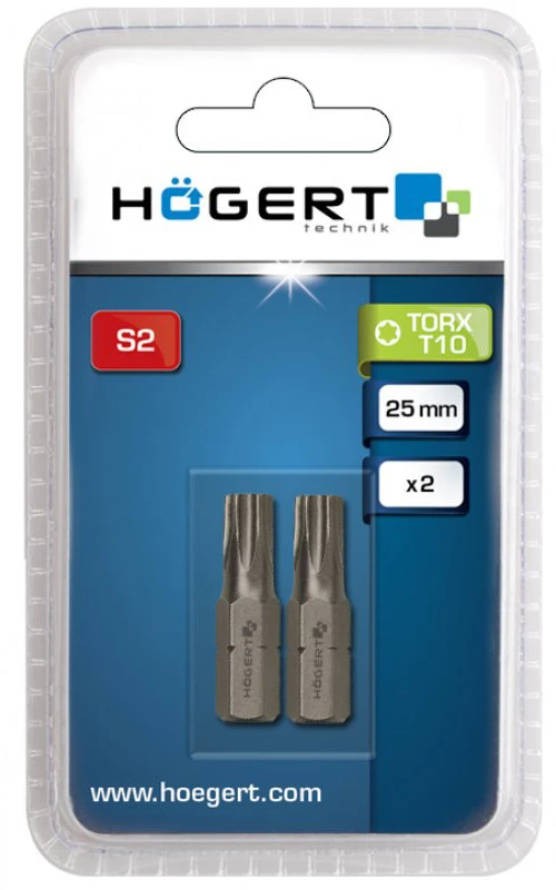 HOGERT Atsuktuvo antgalis, TORX 10, 25 mm, S2 plienas, 2 dalių lizdinė plokštelė