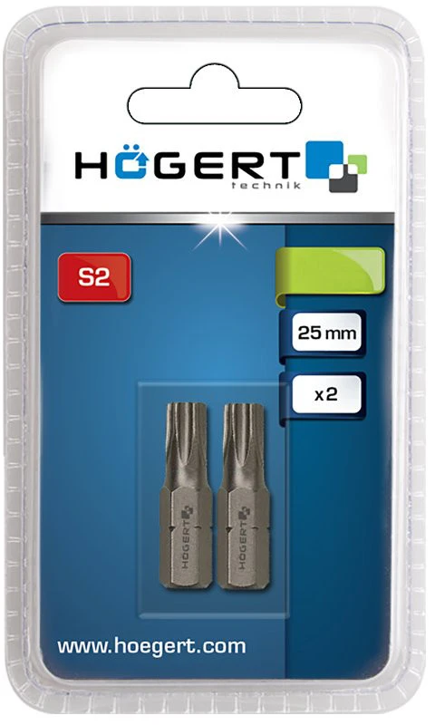 HOGERT Atsuktuvo antgalis, TORX 25, 25 mm, S2 plienas, 2 dalių lizdinė plokštelė