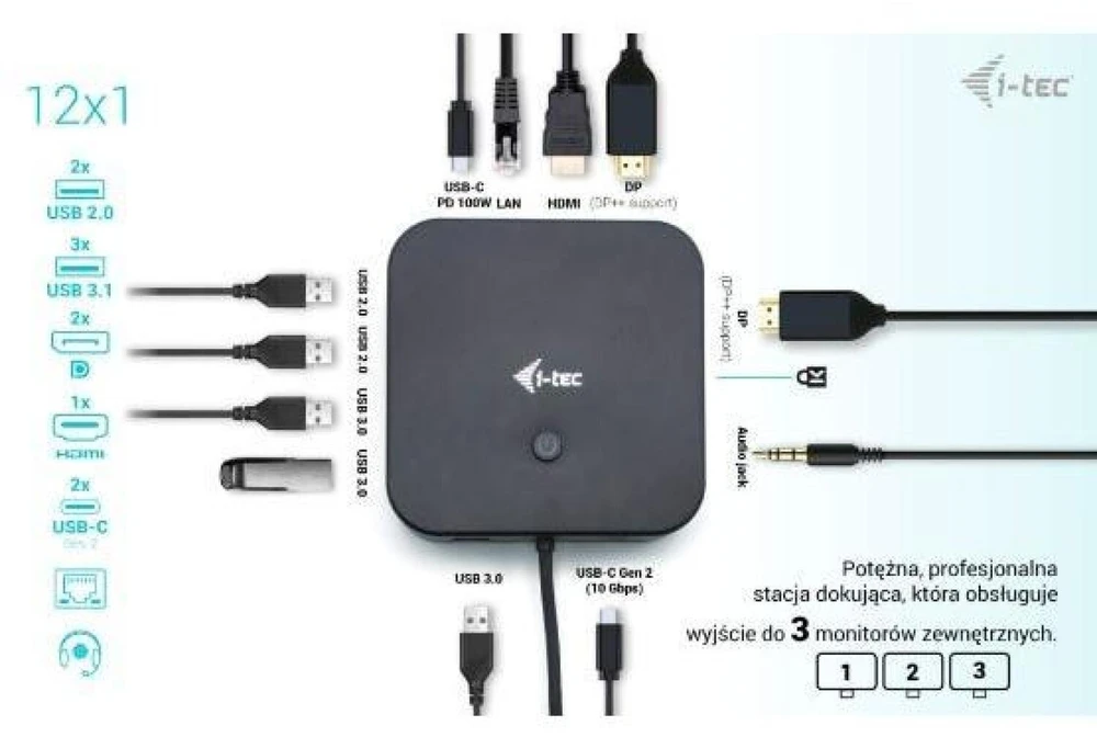 I-TEC USB-C HDMI dviejų DP prijungimo stotelė su maitinimo tiekimu 100 W + I-tec universalus įkroviklis 112 W