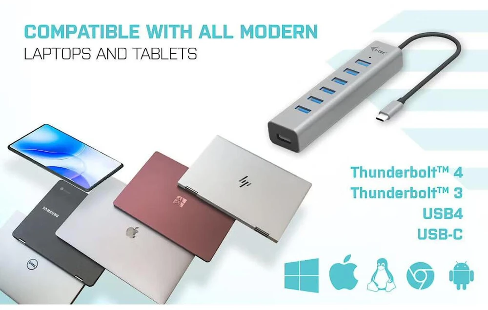 I-TEC USB-C įkrovimo metalinis HUB 7 prievadas be maitinimo adapterio