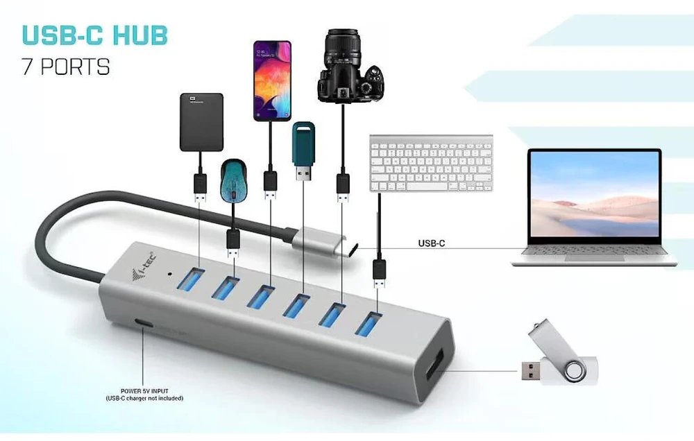 I-TEC USB-C įkrovimo metalinis HUB 7 prievadas be maitinimo adapterio