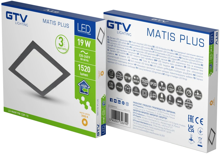 GTV MATIS PLUS LED šviestuvas, žemyn šviečiantis, 19W, juodas, 3000K, 1520lm, AC220-240V, įlei
