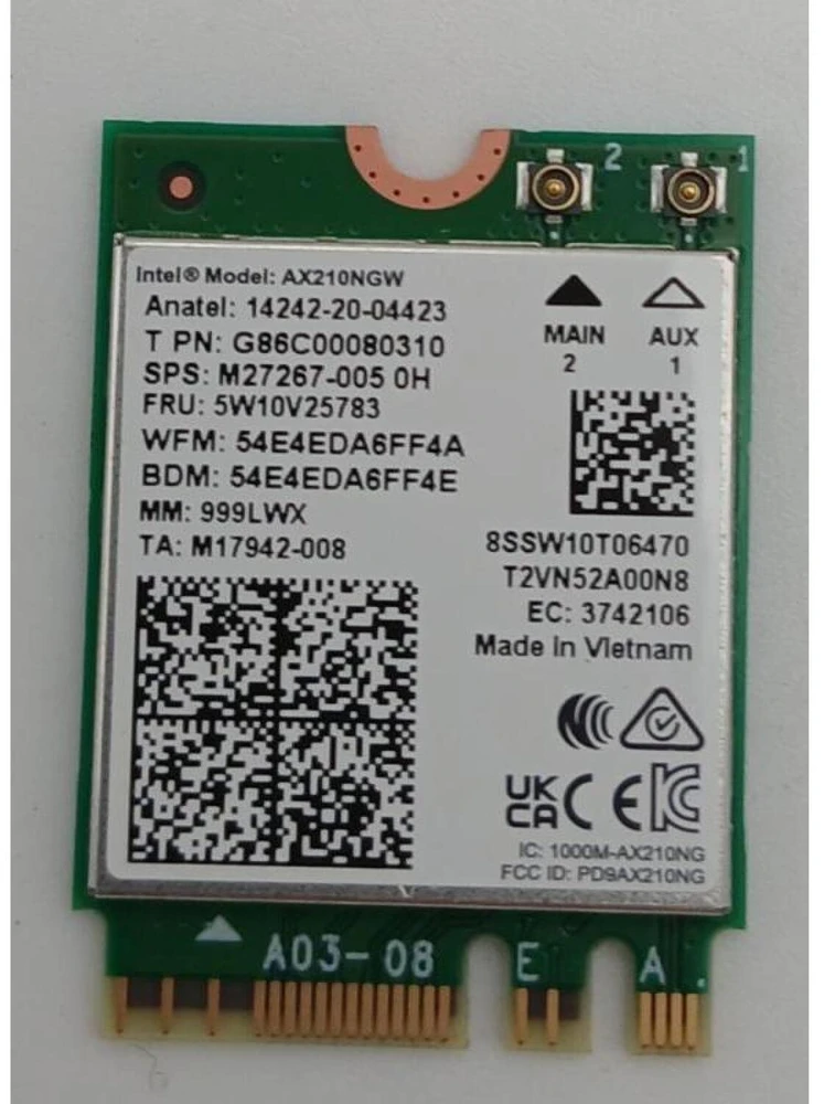 Karta jungiama į tinklą Intel WI-FI 6 AX210 2230 2x2 AX R2 6GHz + BT vPro (AX210.NGWG)