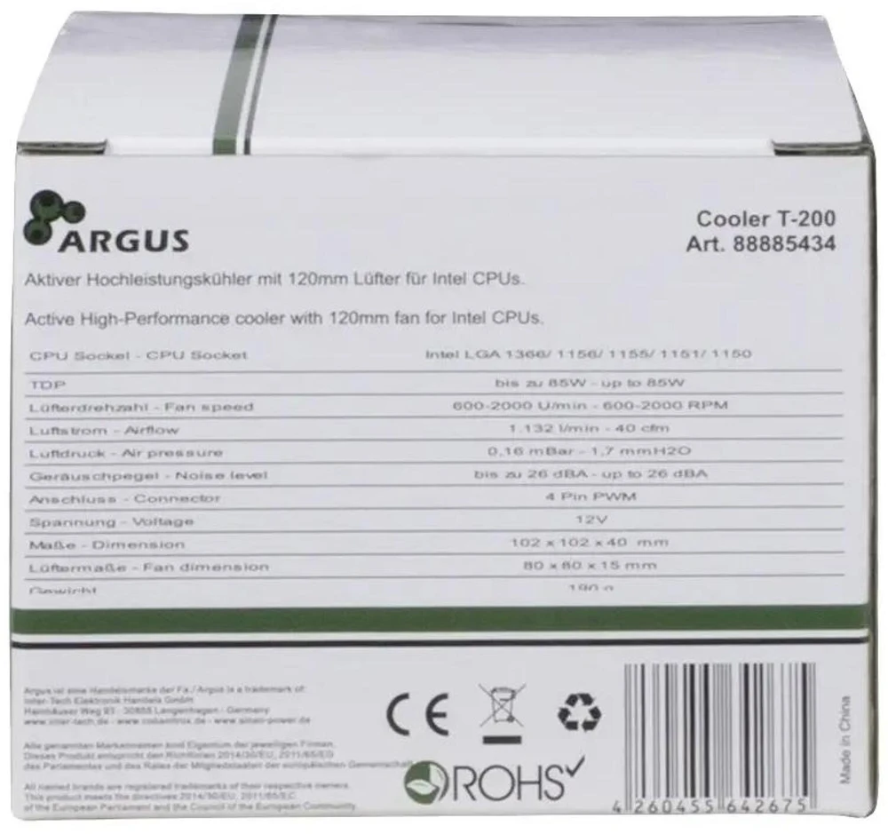 Inter-Tech Argus T-200 – procesorius – aušintuvas – 8 cm – LGA 1150 (Socket H3), LGA 1151 (Socket H4), LGA 1155 (Socket H2), LGA 1156 (Socket H), LGA 1366... – Intel® Celeron® – Intel Core i3 – Intel Core i5 – Intel Core i7 – Intel® Pentium® – 600 aps./min. (88885434)