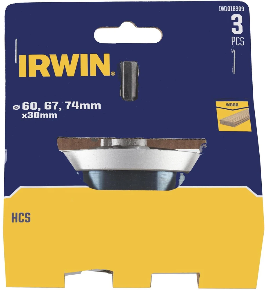 IRWIN OTWORNICE DO DREWNA HCS 60, 67 i 74mm x 30mm do drewna su trzpieniem mocującym i wiertłem centr